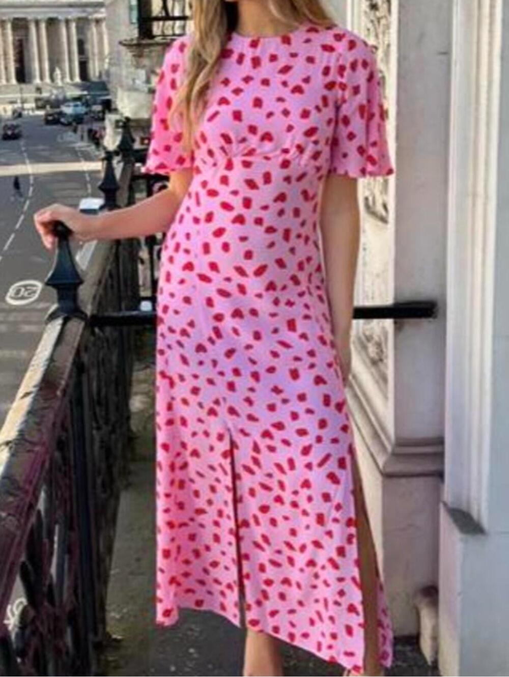 STYLE CHEAT pink red dotted short sleeve midi dress sz 10